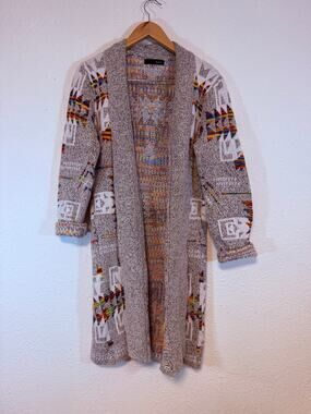 On Blue Cardigan with Colorful Aztec like print size Large